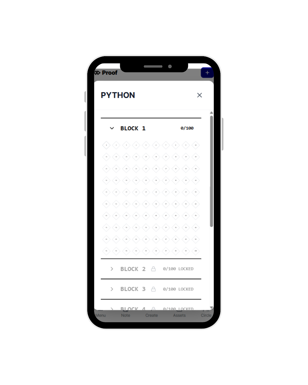 Proof app screenshot showing 100-day blocks with diamond progress indicators